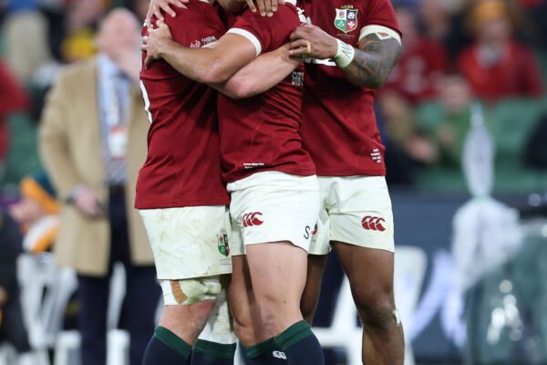 Qatar Airways 2025 British & Irish Lions Tour To Australia Second Test, Melbourne Cricket Ground, Melbourne, Australia 26/7/2025 
Australia Wallabies vs British & Irish Lions  
Lion's Jac Morgan, Jamison Gibson-Park and Bundee Aki celebrate at the end of the match
Mandatory Credit ©INPHO/Billy Stickland