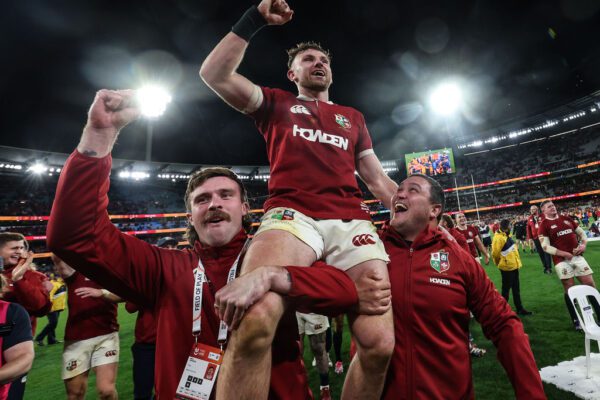 Qatar Airways 2025 British & Irish Lions Tour To Australia Second Test, Melbourne Cricket Ground, Melbourne, Australia 26/7/2025 
Australia Wallabies vs British & Irish Lions  
Lion's Mack Hansen, Hugo Keenan and Jamie George celebrate after the match
Mandatory Credit ©INPHO/Billy Stickland