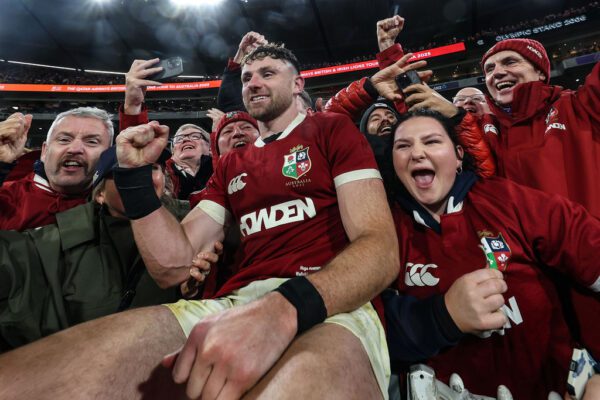 Qatar Airways 2025 British & Irish Lions Tour To Australia Second Test, Melbourne Cricket Ground, Melbourne, Australia 26/7/2025 
Australia Wallabies vs British & Irish Lions  
Lion's Hugo Keenan celebrates with fans after the match
Mandatory Credit ©INPHO/Billy Stickland