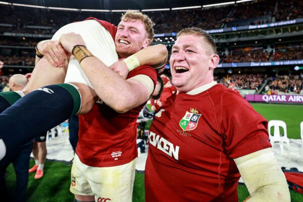 Qatar Airways 2025 British & Irish Lions Tour To Australia Second Test, Melbourne Cricket Ground, Melbourne, Australia 26/7/2025 
Australia Wallabies vs British & Irish Lions  
Lion's Hugo Keenan celebrates scoring his sides fifth try with Ollie Chessum and Tadhg Furlong
Mandatory Credit ©INPHO/Dan Sheridan