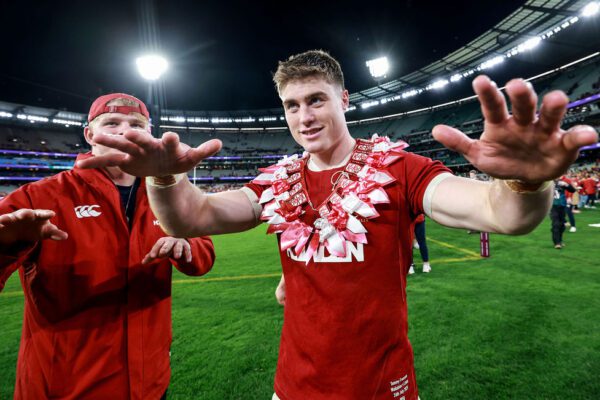 Qatar Airways 2025 British & Irish Lions Tour To Australia Second Test, Melbourne Cricket Ground, Melbourne, Australia 26/7/2025 
Australia Wallabies vs British & Irish Lions  
Lion's Henry Pollock and Tommy Freeman
Mandatory Credit ©INPHO/Dan Sheridan