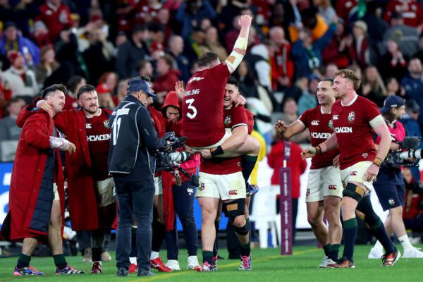 Qatar Airways 2025 British & Irish Lions Tour To Australia Second Test, Melbourne Cricket Ground, Melbourne, Australia 26/7/2025 
Australia Wallabies vs British & Irish Lions  
Lion's Dan Sheehan and Tadhg Furlong celebrate winning the match
Mandatory Credit ©INPHO/James Crombie