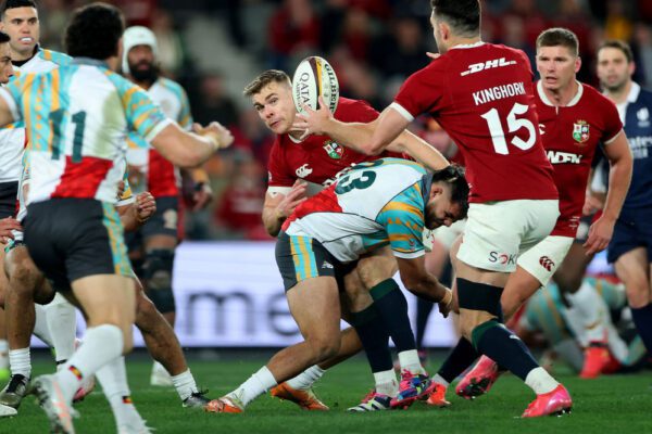 Qatar Airways 2025 British & Irish Lions Tour To Australia, Marvel Stadium, Melbourne, Australia 22/7/2025 
First Nations & Pasifika XV vs British & Irish Lions  
Lions’ Garry Ringrose and Jarrah McLeod of First Nations & Pasifika
Mandatory Credit ©INPHO/James Crombie