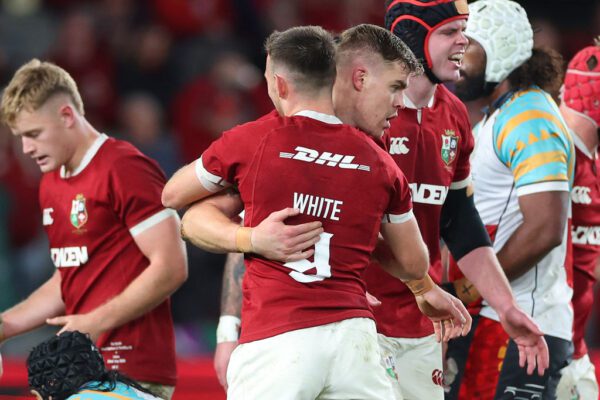 Qatar Airways 2025 British & Irish Lions Tour To Australia, Marvel Stadium, Melbourne, Australia 22/7/2025 
First Nations & Pasifika XV vs British & Irish Lions  
Lions’ Garry Ringrose and Ben White of the Lions
Mandatory Credit ©INPHO/James Crombie