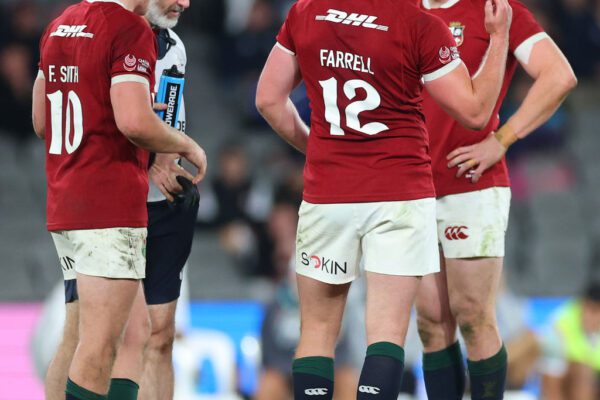 Qatar Airways 2025 British & Irish Lions Tour To Australia, Marvel Stadium, Melbourne, Australia 22/7/2025 
First Nations & Pasifika XV vs British & Irish Lions  
Lions’ Owen Farrell and Garry Ringrose
Mandatory Credit ©INPHO/James Crombie