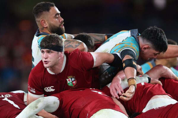 Qatar Airways 2025 British & Irish Lions Tour To Australia, Marvel Stadium, Melbourne, Australia 22/7/2025 
First Nations & Pasifika XV vs British & Irish Lions  
Lions’ Scott Cummings with Lukhan Salakaia-Loto and Darcy Swain of the Lions
Mandatory Credit ©INPHO/James Crombie