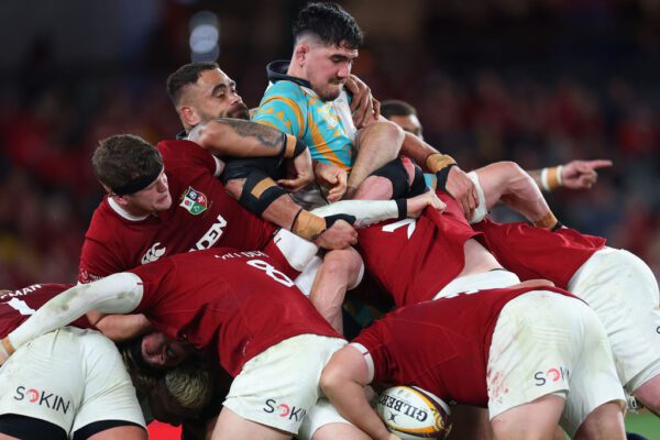 Qatar Airways 2025 British & Irish Lions Tour To Australia, Marvel Stadium, Melbourne, Australia 22/7/2025 
First Nations & Pasifika XV vs British & Irish Lions  
Lions’ Scott Cummings with Lukhan Salakaia-Loto and Darcy Swain of the Lions
Mandatory Credit ©INPHO/James Crombie