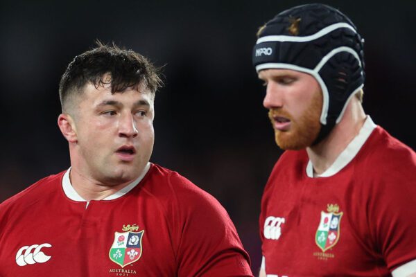 Qatar Airways 2025 British & Irish Lions Tour To Australia, Marvel Stadium, Melbourne, Australia 22/7/2025 
First Nations & Pasifika XV vs British & Irish Lions  
Lions’ Thomas Clarkson and Gregor Brown
Mandatory Credit ©INPHO/James Crombie
