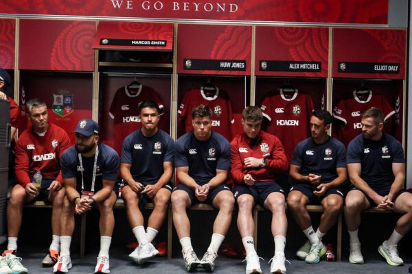 2025 British & Irish Lions Tour To Australia, Optus Stadium, Perth, Australia 28/6/2025 
British & Irish Lions vs Western Force  
Lion's Assistant Coach Jonathan Sexton, Jamison Gibson-Park, Marcus Smith, Huw Jones, Tommy Freeman, Alex Mitchell and Elliot Daly in the changing room ahead of the match 
Mandatory Credit ©INPHO/Billy Sitckland