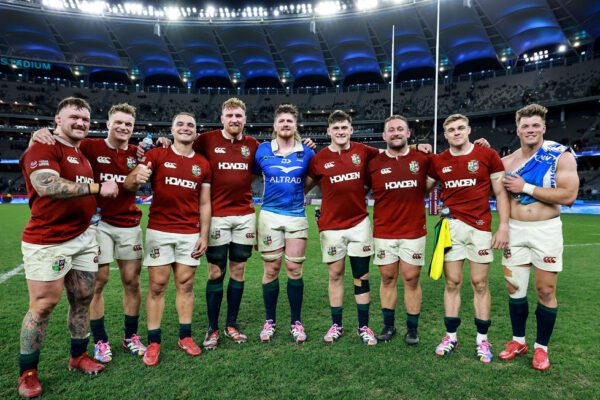 2025 British & Irish Lions Tour To Australia, Optus Stadium, Perth, Australia 28/6/2025 
British & Irish Lions vs Western Force  
Lion's Andrew Porter, Josh van der Flier, James Lowe, Ollie Chessum, Joe McCarthy, Dan Sheehan, Will Stuart, Garry Ringrose and Huw Jones after the match
Mandatory Credit ©INPHO/Dan Sheridan