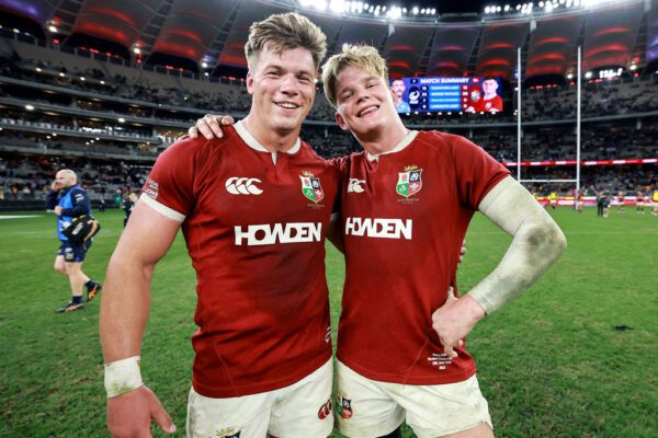 2025 British & Irish Lions Tour To Australia, Optus Stadium, Perth, Australia 28/6/2025 
British & Irish Lions vs Western Force  
Lion's Huw Jones and Henry Pollock after the match
Mandatory Credit ©INPHO/Dan Sheridan