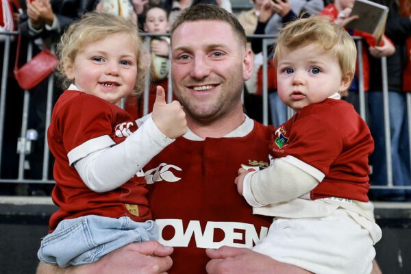 2025 British & Irish Lions Tour To Australia, Optus Stadium, Perth, Australia 28/6/2025 
British & Irish Lions vs Western Force  
Lion's Finn Russell with his children Charlie and Skye after the match
Mandatory Credit ©INPHO/Dan Sheridan