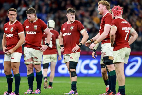 2025 British & Irish Lions Tour To Australia, Optus Stadium, Perth, Australia 28/6/2025 
British & Irish Lions vs Western Force  
Lion's Alex Mitchell, Joe McCarthy, Dan Sheehan, Ollie Chessum and Josh van der Flier 
Mandatory Credit ©INPHO/Dan Sheridan